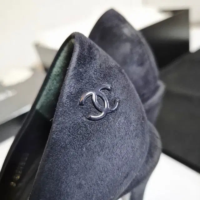 Chanel Navy Suede and Black Patent Leather Pumps, Size 38