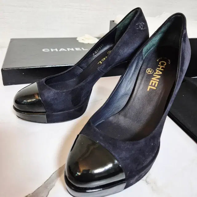 Chanel Navy Suede and Black Patent Leather Pumps, Size 38