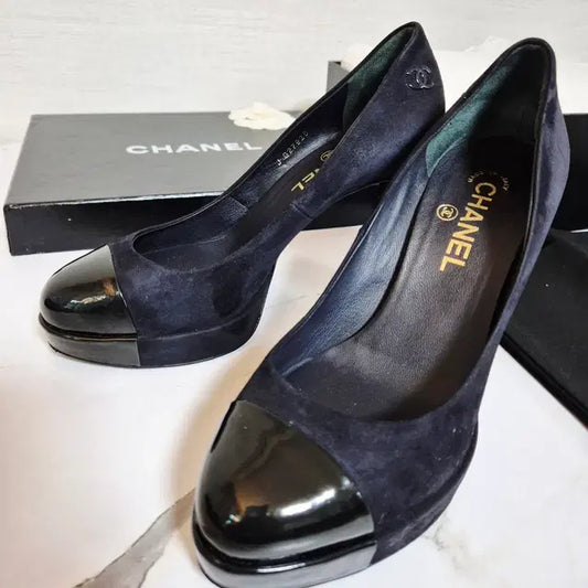 Chanel Navy Suede and Black Patent Leather Pumps, Size 38