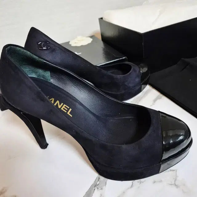 Chanel Navy Suede and Black Patent Leather Pumps, Size 38