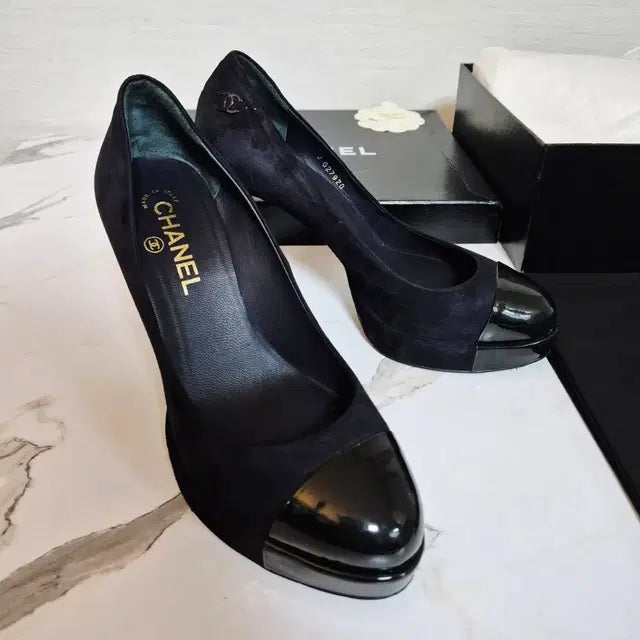 Chanel Navy Suede and Black Patent Leather Pumps, Size 38