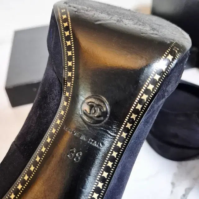 Chanel Navy Suede and Black Patent Leather Pumps, Size 38