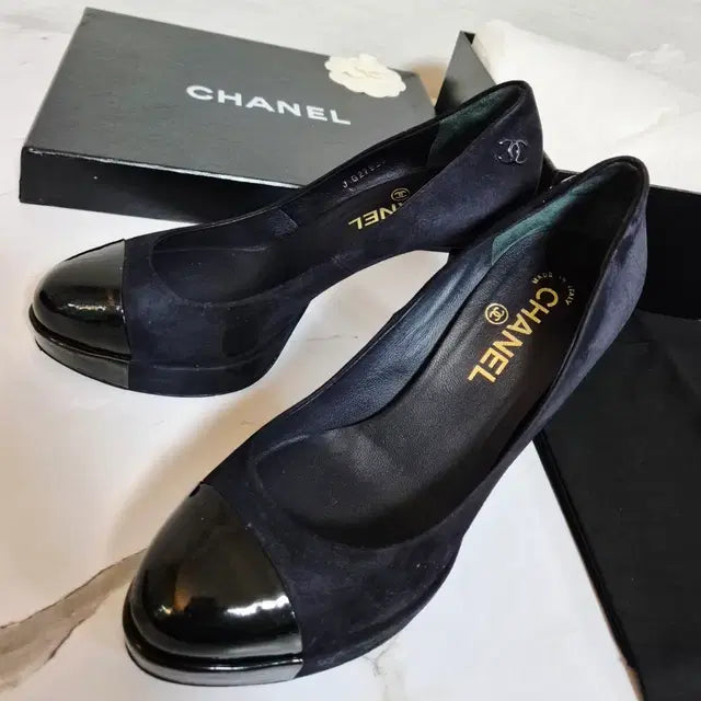 Chanel Navy Suede and Black Patent Leather Pumps, Size 38