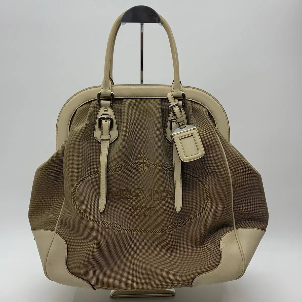 PRADA Jacquard Frame Canvas Tote Bag in Beige