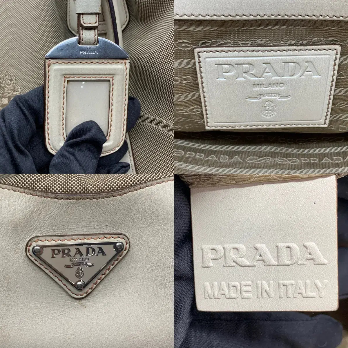 PRADA Jacquard Frame Canvas Tote Bag in Beige